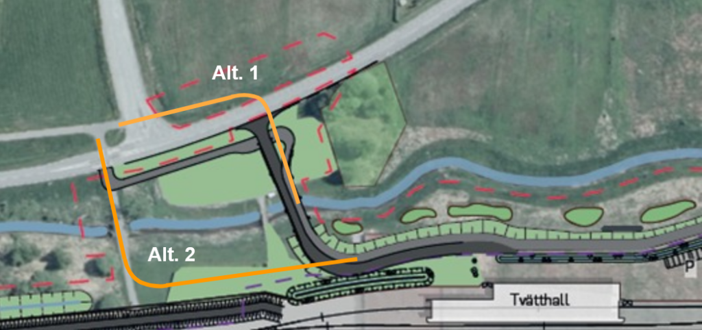 Figur 3: Reviderad dragning av cykelbanan. Cykelfrämjandets alternativa dragningar i gul. Källa: mejlkorrespondens Trafikverket