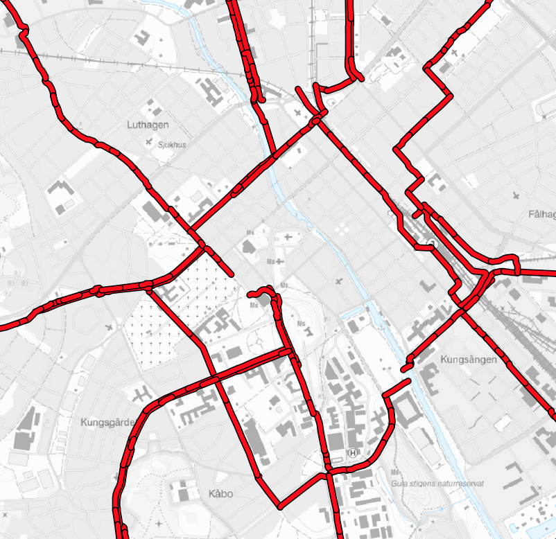 Karta över sopsaltade cykelbanor i Uppsala centrum