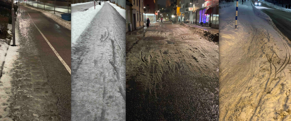 Fyra bilder i en, på fyra gator med olika snö- och isförhållanden. Uppsala dec 2023.