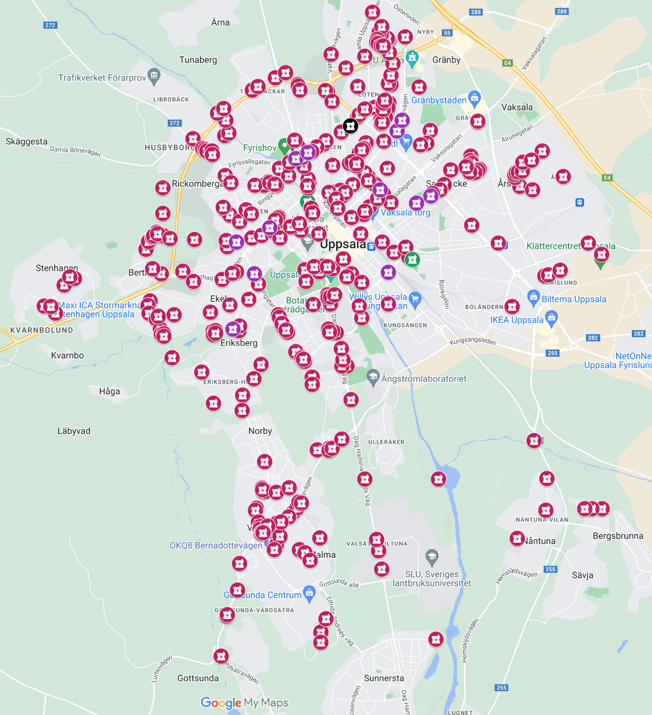 Uppsalakarta som visar mängder av ställen med pölar i gångcykelbana. Länk till karta finns i kartan.