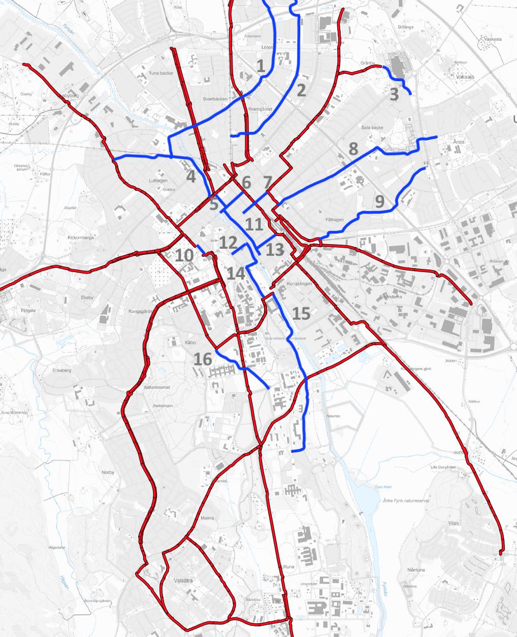 Karta över sopsaltade cykelbanor i Uppsala 2023-24 plus förslag om fler banor.