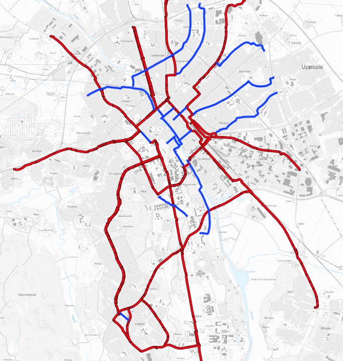 Karta över sträckor med sopsaltning i Uppsala och förslag på fler sträckor 2023-24.