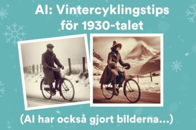 Fotomontage med AI-genererade bilder på hur vintercyklister skulle kunnat sett ut på 1930-talet. Bilden tillhär en av artiklarna som publiceras under Vintercyklingsveckan 2024.