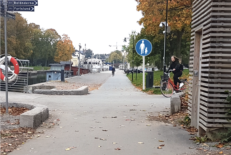 visar gångbana med skylt om Påbjuden gångbana, dvs ingen cykling tillåten.